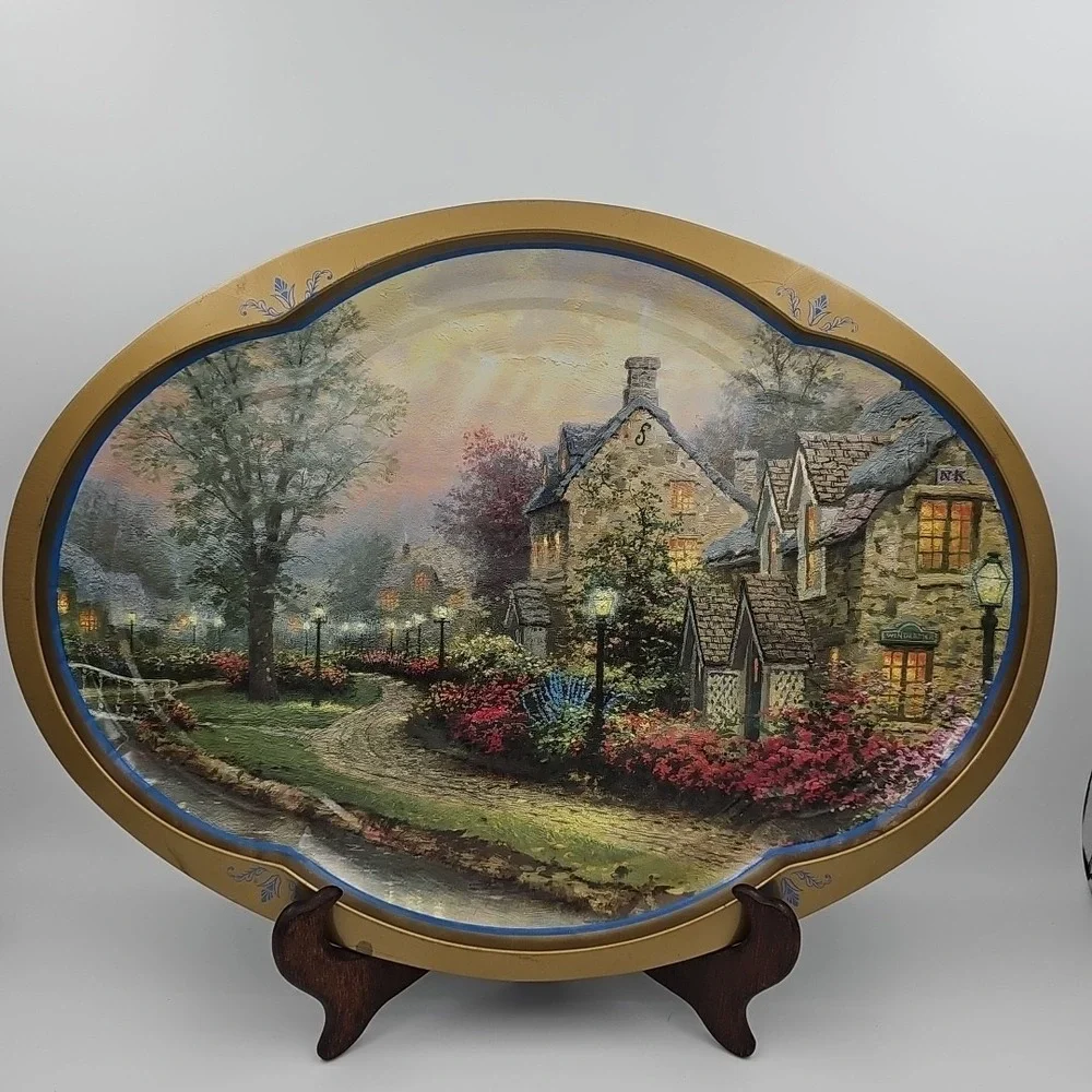 Colorful Cottage Scene Oval Metal Serving Tray 1997 Thomas‎ Kindade Giftco Inc